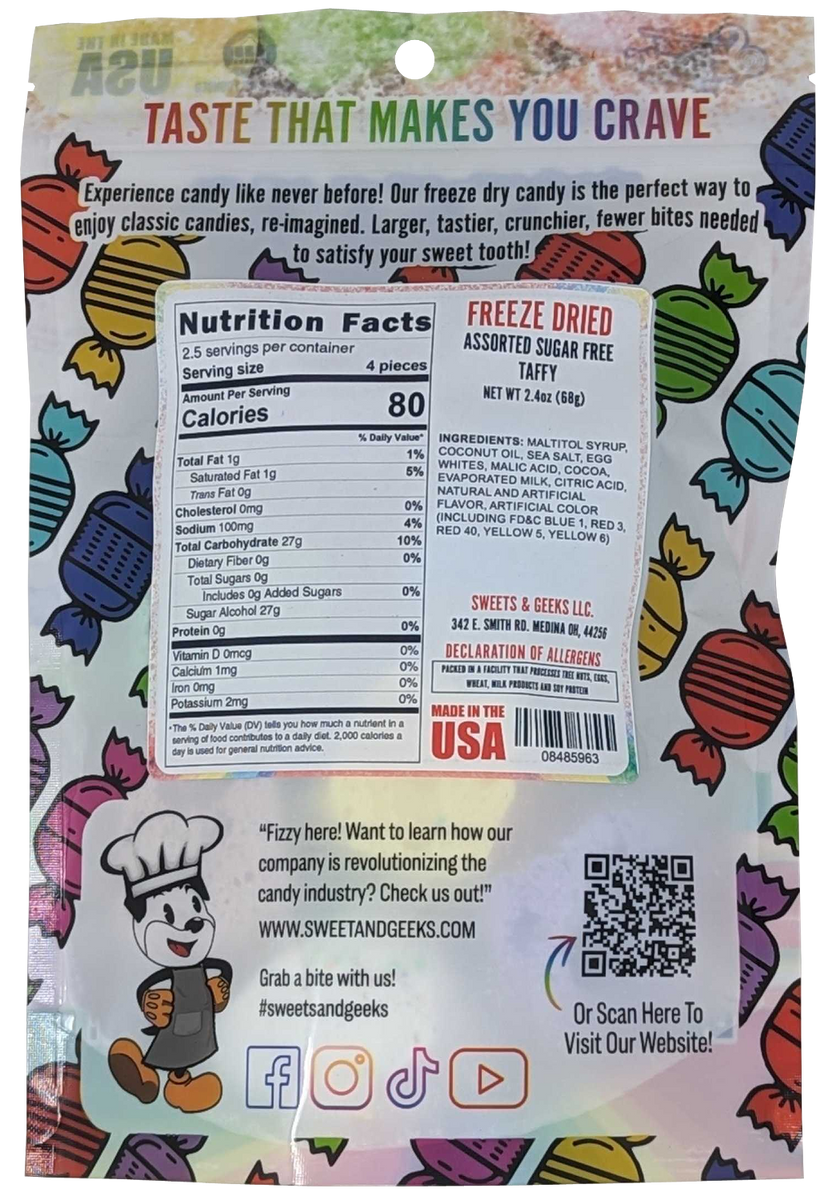 Freeze Dried Taffy 2.4oz Assorted Sugar Free Peg bag Sweets and Geeks