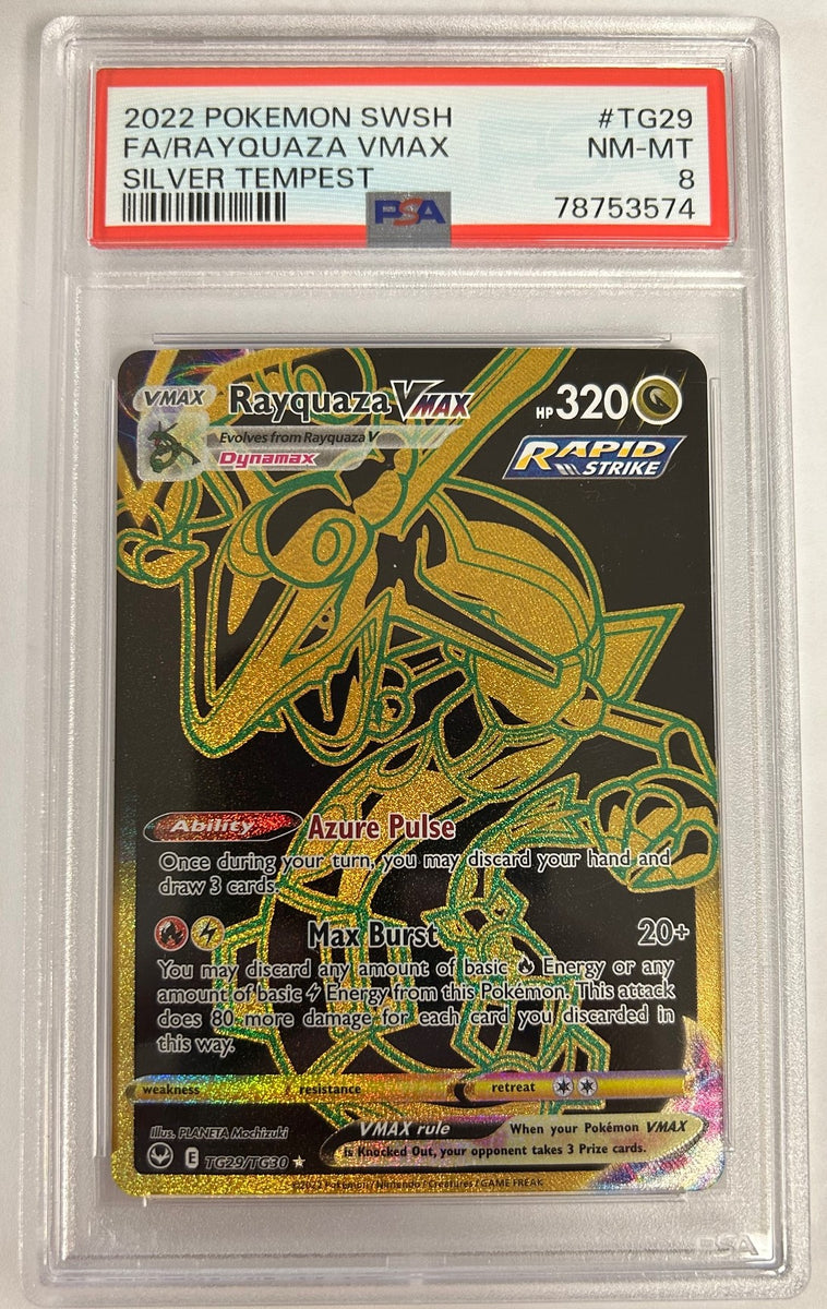 pokemon card value rayquaza vmax (Secret) SWSH12: Silver Tempest Trainer Gallery # TG29/T – Sweets and Geeks Finish:Metal Print 71 variation to centering CGC Gem Mint 10