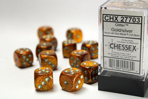 Glitter 16mm d6 Gold/silver Dice Block (12 dice) - Sweets and Geeks