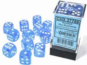 Borealis 16mm d6 Sky Blue/white Luminary Dice Block (12 dice) - Sweets and Geeks