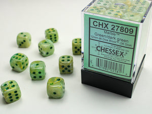 Marble 12mm d6 Green/dark green Dice Block (36 dice) - Sweets and Geeks