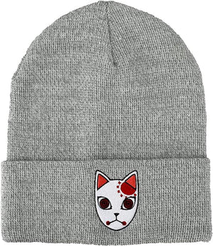 Demon Slayer Tanjiro Fox Mask Athletic Heather Skull Knitted Embroidered Cuffed Winter Beanie - Sweets and Geeks