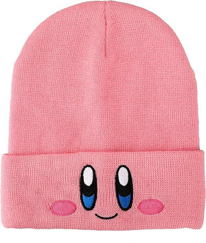 Kirby Smiling Face Pink Cuffed Plain Skull Acrylic Knitted Embroidered Logo Beanie Hat - Sweets and Geeks