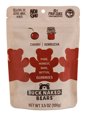 Buck Naked Bears Vegan Gummy Bears- Cherry Kombucha 3.5oz - Sweets and Geeks