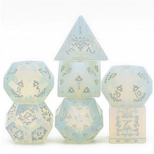 Opalite and Flourish Gemstone Dice Set Engraved with Sliver - Sweets and Geeks