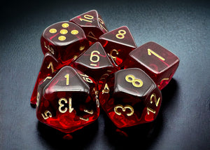 Chessex Translucent Crimson/Gold 7-Die Set with Bonus Die - Sweets and Geeks