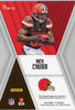 Nick Chubb 2018 Panini XR Rookie Triple Threats Materials TTM-13 card back with Panini player-worn material guarantee