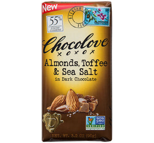 CHOCOLOVE BAR 55% DARK CHOC W/ ALMONDS TOFFEE & SEA SALT - Sweets and Geeks