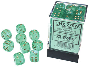 Borealis 12mm d6 Light Green/gold Luminary Dice - Sweets and Geeks