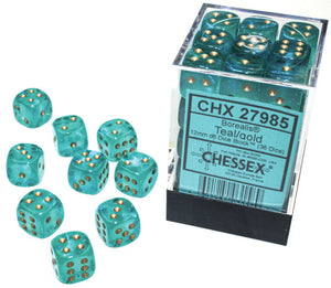 Borealis 12mm d6 Teal/gold Luminary Dice - Sweets and Geeks