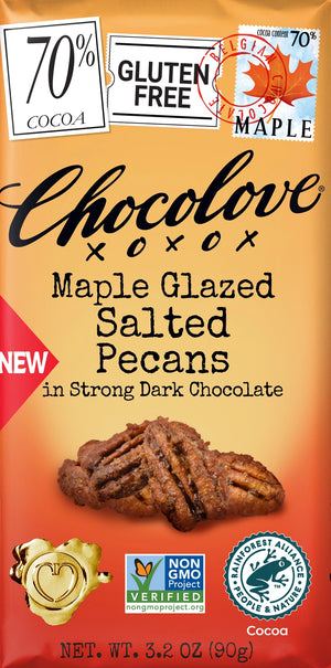 Chocolove Maple Glazed Salted Pecans in Strong Dark Chocolate Bar - Sweets and Geeks