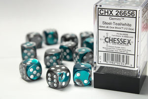 Gemini 16mm d6 Steel-Teal/white Dice Block (12 dice) - Sweets and Geeks