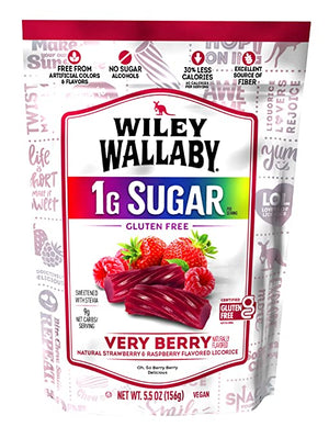 Wiley Wallaby 5.5oz Licorice Stand Up Bags- Very Berry Low Sugar - Sweets and Geeks