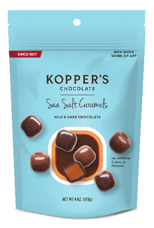 Kopper's Stand Up Peg Pouch Dark and Milk Chocolate Sea Salt Caramels - Sweets and Geeks