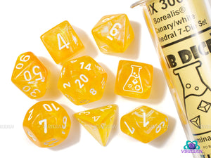 Lab Dice 6 Borealis: Poly Canary/white Luminary 7-Die Set (with bonus die) - Sweets and Geeks