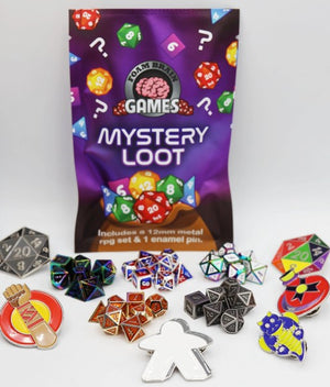 Epic Mystery Loot: Mini Metal RPG Dice Set and Enamel Pin - Sweets and Geeks