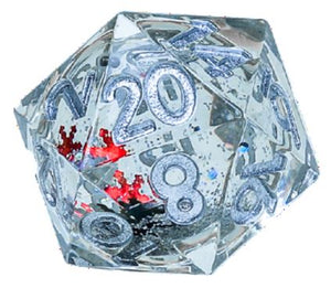 Siriius Snow Globe Sharp Edged D20s Silver Ink and Silver Glitter with Silver, Green, and Red Snowflakes - Sweets and Geeks