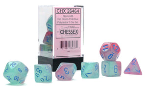 Chessex Gemini Gel Green-Pink/Blue Luminary 7 Die Set - Sweets and Geeks
