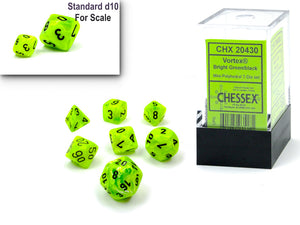 Chessex Vortex Mini Polyhedral 7 Die Set Bright Green/Black - Sweets and Geeks