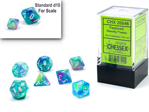 Chessex Festive Mini Polyhedral 7 Die Set Waterlily/White - Sweets and Geeks