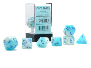 Chessex Gemini Pearl Turquoise-White/Blue Luminary 7 Die Set - Sweets and Geeks